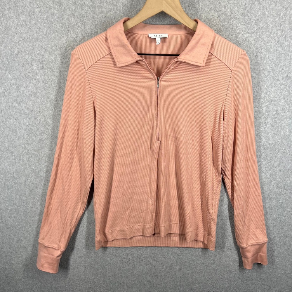 Reiss Milina Quarter Zip Pullover Womens L Pink Ribbed Long Sleeve Knit Top EUC